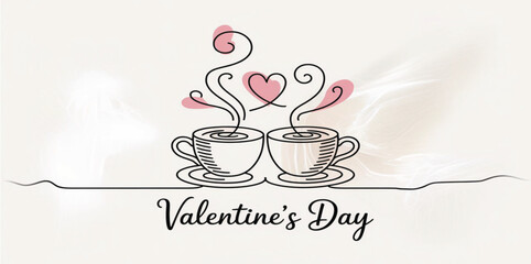 Valentine's Day Coffee Sketch: Continuous Line Art of Two Cups with Heart Steam on a Soft Background