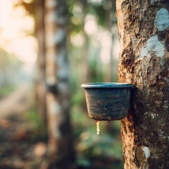 Rubber tree tapping with latex dripping into cup in natural plantation during sunrise