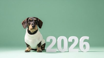 A wire-haired dachshund dog in a white sweater sits next to large 2026 numbers.