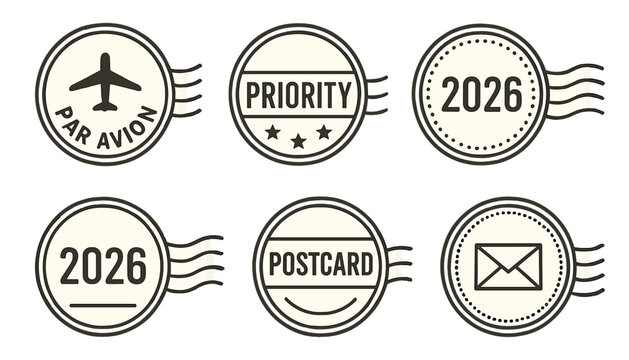 Mail stamps minimal collection with clean circular layouts and postal markings. Highlights airplane icons, dates, priority labels, postcard text