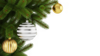 Close up of a christmas tree branch with festive gold and silver ornaments against a solid black background