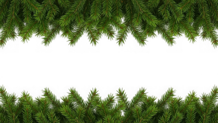 Green pine tree branches forming a natural border against a dark black background