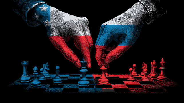 chess board match between usa and russia. hand with us flag colours playing chess against hand with russian flag colours. strategic geopolitical chess game illustration