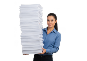Smiling woman holding a very tall stack of paper documents isolated on transparent background