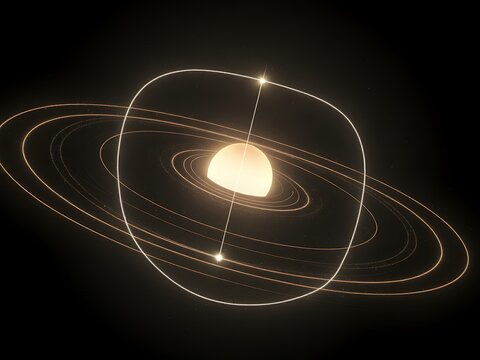 A conceptual depiction of an exoplanetary system with rings and a highlighted orbit