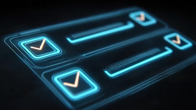 Futuristic Digital Interface with Blue Checkmarks on Dark Background Representing Task Completion and Approval 4k video footage