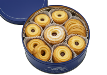 an open, round, polished metallic tin filled with assorted golden danish shortbread butter cookies in fluted paper liners, flat lay on a brilliant white background. appetizing product shot concept