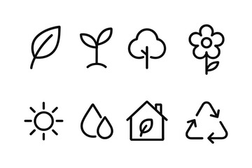Eco-friendly icon set featuring nature and sustainability symbols in linear style