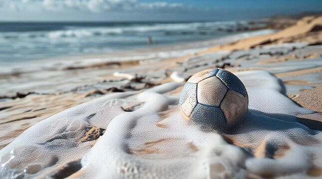 Weathered ball rests on sandy shore near ocean waves