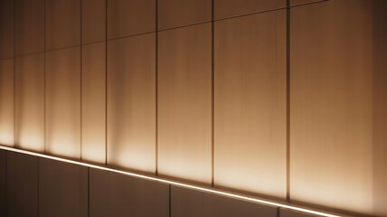 Warm ambient linear lighting illuminates vertical wood paneling creating a sophisticated and modern architectural background texture
