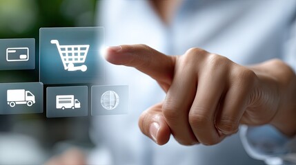 A person uses a touchscreen to select items for purchase in a futuristic shopping experience, showcasing a digital cart