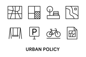 Urban planning icons: minimalist line art for maps and city design
