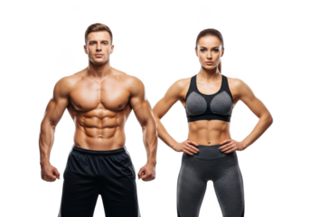 Muscular male and fit female athletes showcasing sculpted physiques and athletic wear isolated on transparent background