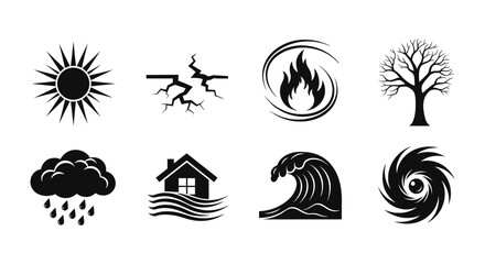 Obraz premium Black and white natural disaster icons in silhouette style