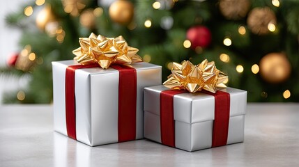 Obraz premium Wrapped gifts with shiny bows sit near a beautifully decorated Christmas tree, creating a warm and festive atmosphere in the room
