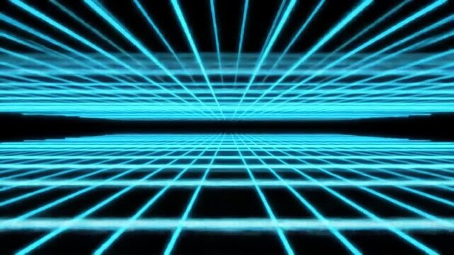 Illuminated perspective grid formation in shades of blue against dark abyss background