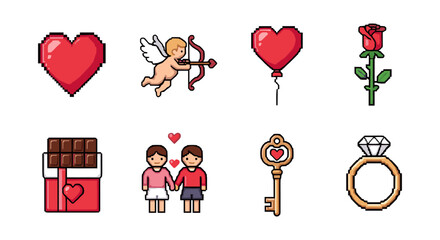 Romantic pixel art collection: love icons and symbols for valentine's day