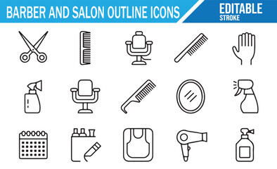 Barber and salon outline icon set with haircut and grooming tools