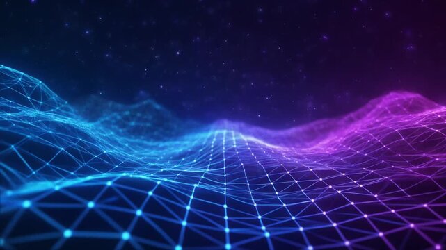 Abstract digital landscape with glowing blue and purple grid waves and sparkling particles.