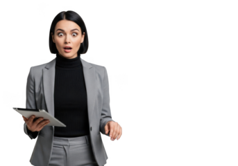 Surprised businesswoman with short dark hair wearing a grey suit and black turtleneck holding a document isolated on transparent background