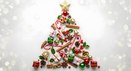Christmas tree shape created from festive ornaments, candy canes, cinnamon sticks, berries, and small gift boxes on a white background with bokeh lights.