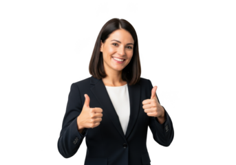 Smiling professional woman in a dark suit and white shirt giving two thumbs up gesture isolated on transparent background