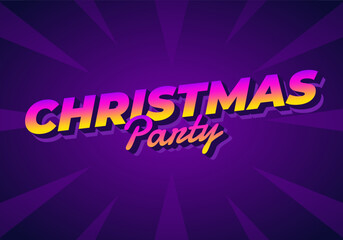 A vibrant and colorful graphic design featuring the words Christmas Party in bold, stylized typography against purple background with radiating lines.