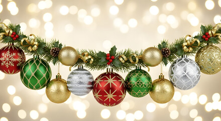 A festive Christmas garland with colorful ornaments and sparkling lights creating a bokeh background.