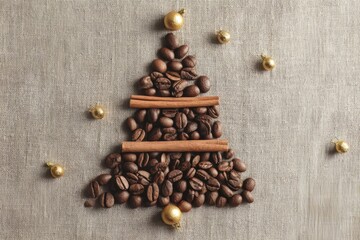 Creative holiday arrangement featuring coffee beans shaped like Christmas tree with decorative elements