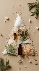 Artistic arrangement featuring natural elements and essential oils on soft beige background