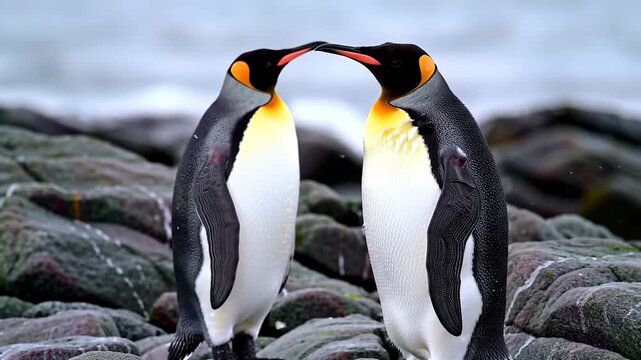 Two king penguins touch beaks on a rocky coast with blurred sea in background