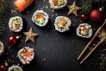 Festive sushi arrangement featuring colorful rolls with decorative stars and ornaments on dark slate