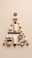 Creative holiday arrangement featuring beauty products and decorative ornaments on soft beige background