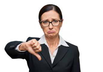 Disappointed woman wearing glasses and business attire expressing disapproval with a thumbs down gesture isolated on transparent background