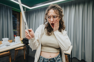 A young woman with glasses wears a cream hoodie and jeans while capturing a selfie in a bright,...