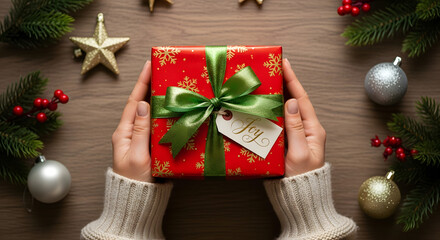 Overhead view of hands holding a festive red Christmas gift box with a green ribbon and 'Joy' tag, surrounded by holiday decorations on a wooden table.