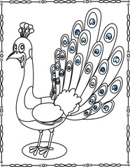 Beautiful Peacock Coloring Page For Kids And Adults. Majestic Bird Line Art, Kids Printable Art.