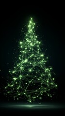 Futuristic digital landscape featuring glowing green Christmas tree made of interconnected lights in dark setting