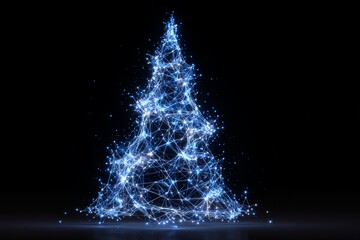 Futuristic digital Christmas tree featuring glowing blue lights on black background