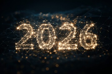 Futuristic digital landscape featuring glowing numbers representing the year 2026 in a network of light