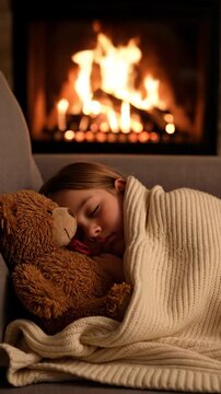 Cozy child sleeping with teddy bear blanket by fireplace calm night warmth comfort peaceful bedtime scene