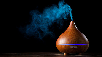Luminous Blue Vapor Billowing from a Wooden Teardrop Diffuser Against a Stark Black Background.