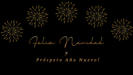 Feliz Navidad y próspero Año Nuevo! Tarjeta de felicitación con texto dorado y fuegos artificiales sobre fondo negro.