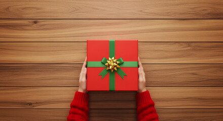 Overhead view of hands in a red sweater holding a festive red gift box with a green ribbon and gold bow on a wooden background.