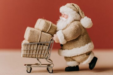 Whimsical scene featuring Santa Claus pushing shopping cart filled with presents against vibrant red backdrop