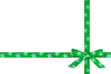 Green Winter Christmas Crossed in Corner Ribbon Decorated with Snow Flakes Tied in Bow Isolated on White and Png Transparent Background