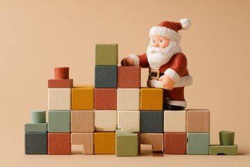 Playful scene featuring Santa Claus stacking colorful blocks against warm beige backdrop