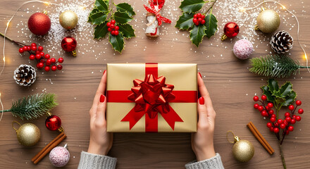 Overhead view of hands holding a golden Christmas gift box with a red bow, surrounded by festive holiday decorations on a wooden table.