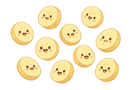 Cute cartoon smiling banana slices creating a sweet kawaii fruit food pattern on transparent background