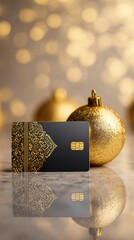 Elegant festive setting featuring black credit card with intricate gold design beside sparkling golden ornament